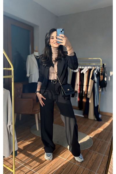 ANKH WOMAN BLACK WIDE CUT JACKET HIGH WAIST PALACE PANT SET