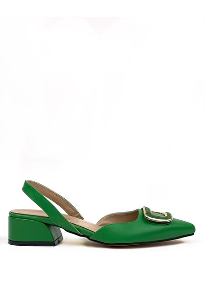 M&B COLLECT Γυναικεία τετράγωνα πράσινα πέδιλα με χαμηλό τακούνι με ανοιχτή πλάτη τετράγωνη αγκράφα Παντόφλες