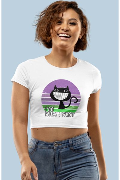 Fuddy Moda I Do, What I Want Written Crop Top, Cute Cat Printed Crop Μπλούζα