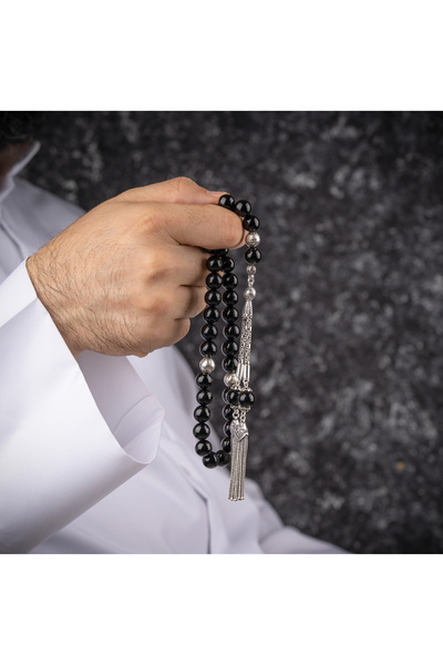 vevasilver حجر العقيق الأسود 33 خرزة 12 ملم مسبحة مطرزة يدوياً