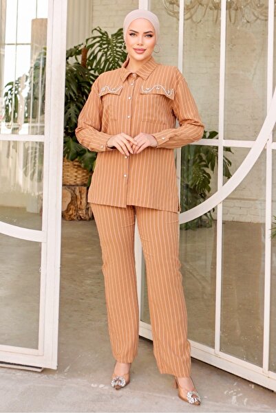 Bestenur Linen Tunic and Trousers Set 834 - Mink