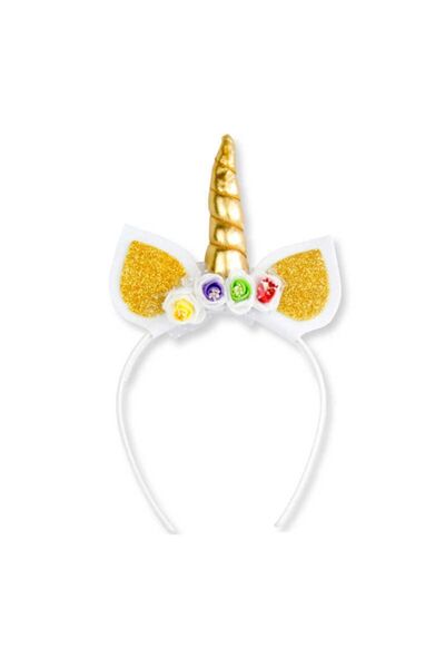 TATLI GÜNLER Taç Unıcorn Boynuzlu Çiçekle Süslü Altın