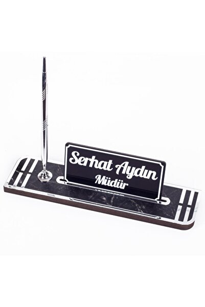 Ofistike Sigma Gümüş Ahşap Masa İsimliği Kalemli İsimlik Masa Üstü Organizer ...