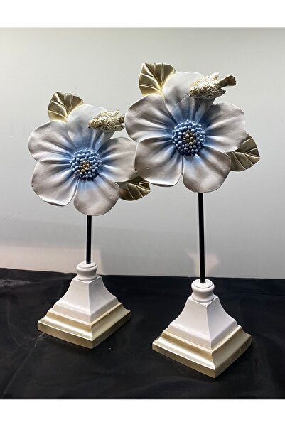 Peramari Dekoratif Polyester İkili Çiçek Aksesuar Beyaz-Mavi