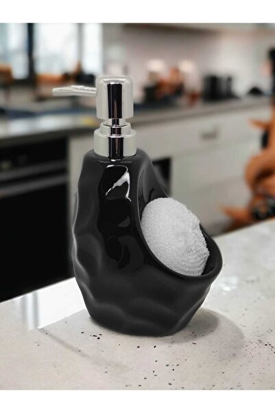 Mucha Moon Lüks Porselen Süngerli Siyah Banyo Mutfak Sıvı Sabunluk Bulaşık De...