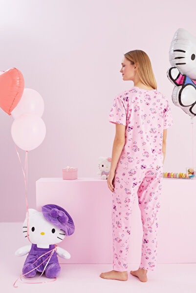Siyah İnci Hello Kitty Licensed 100% βαμβακερό ροζ πολύχρωμο σετ πιτζάμες με λαιμόκοψη