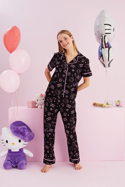 Siyah İnci Hello Kitty Licensed - 100% памучен комплект пижама с черен кант