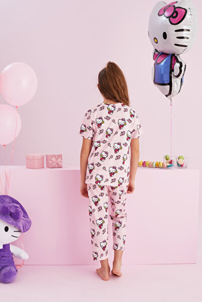 Siyah İnci Hello Kitty Lisanslı %100 Pamuk Pembe Çok Renkli Bisklet Yaka Pijama Takım