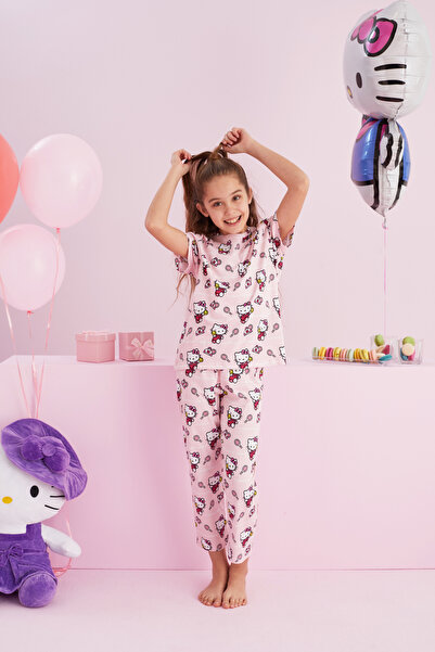 Siyah İnci Hello Kitty Lisanslı %100 Pamuk Pembe Çok Renkli Bisklet Yaka Pijama Takım