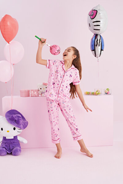 Siyah İnci Hello Kitty Lisanslı %100 Pamuk Pembe Çok Renkli Düğmeli Biyeli Pijama Takım