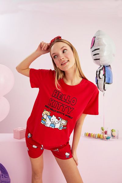 Siyah İnci Hello Kitty Licensed - 100% Cotton Red Colored Crew Neck Shorts Pajamas Set