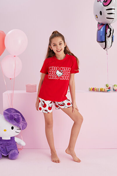 Siyah İnci Hello Kitty Licensed 100% Cotton Red Multicolor Crew Neck Shorts Pajamas Set