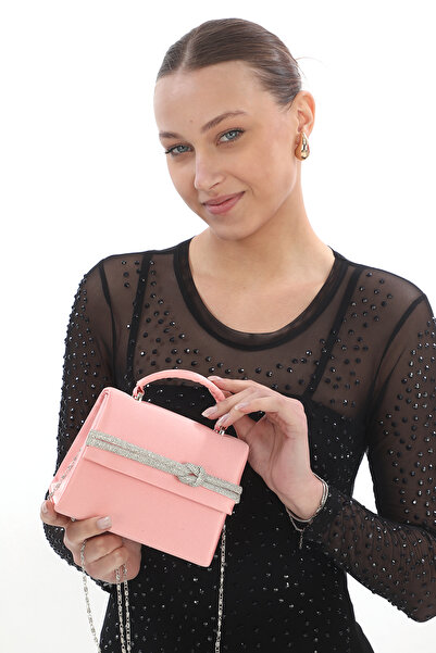 Piedra Powder Color Satin Fabric Stone Accessory Magnetic Closure Shoulder Strap Available (Small Size)