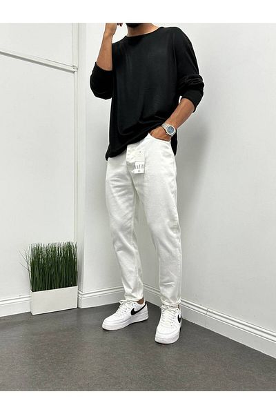 TÜZeMEN Men's Boyfrend Washed White Jeans Trousers