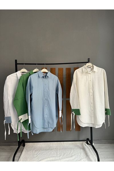 SMN Karen Kardaş Boutique Hijab Poplin Cuff Detailed Shirt White Green