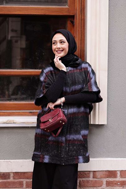 ESRA KEKÜLLÜOĞLU Kadın Yeni Panço 2 li Takım Ekoseli Lila Kırmızı-Siyah