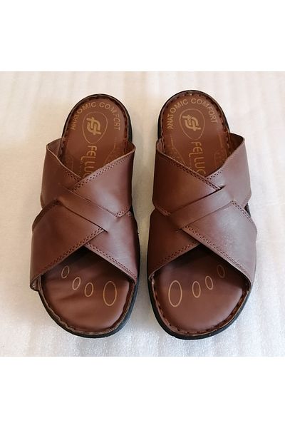Butik Tülin Unisex Genuine Leather Brown Flexible Slippers - Thick Cross Banded and Soft Stitched