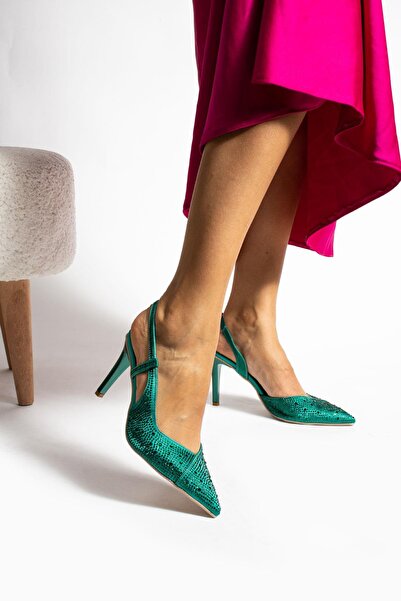 Gökçe Shoes Sofa Yeşil Arkasi Lastik Detay Taşli Kadin Topuklu Ayakkabı