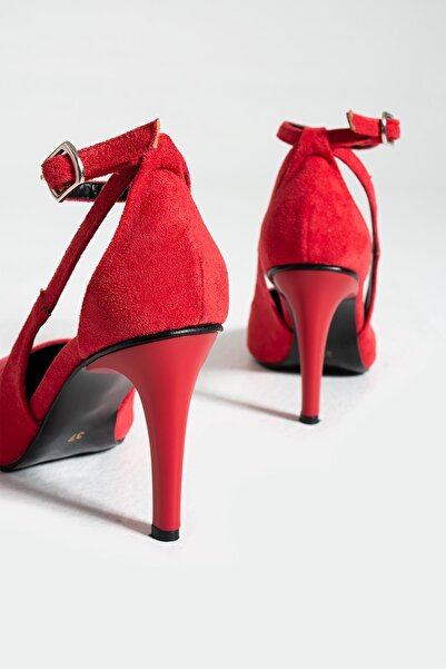 Gökçe Shoes Soul Kırmızı Süet Bilekten Kemerli Kadın Topuklu Ayakkabı