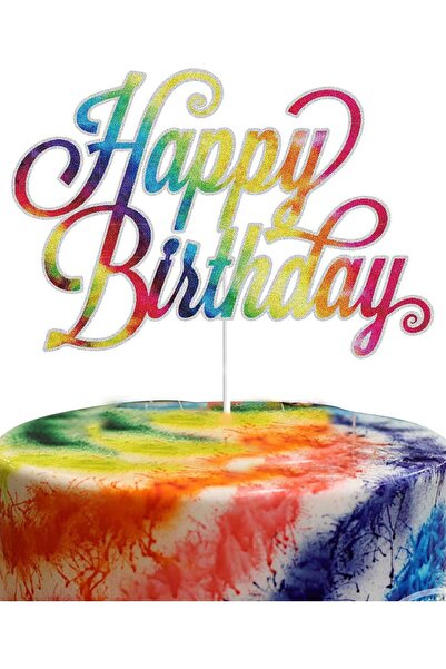 Genel Markalar Gökkuşağı Pasta Üzeri Süsleme Happy Birthday Yazılı Flama Gökk...