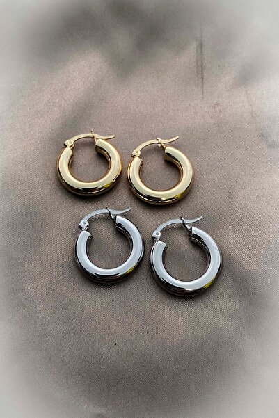 roshel Çelik Kararmaz - 2 Çift Premium Bombeli Halka Küpe Oval Gold Altın Kalın Küpe Kadın Zincironline