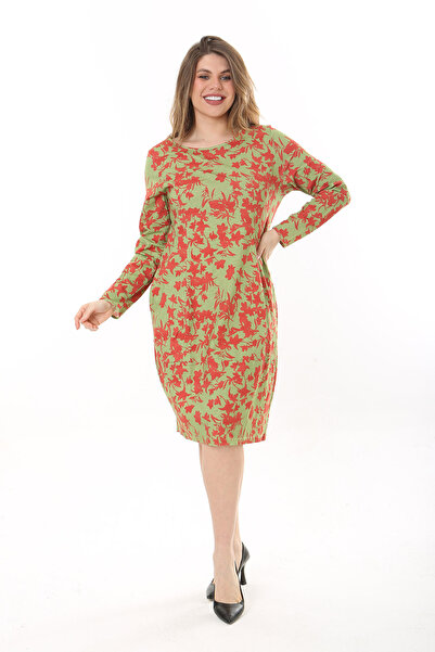 Şans Women's Plus Size Green Organic Cotton Fabric Cup Detail Long Sleeve Dress 65N37626