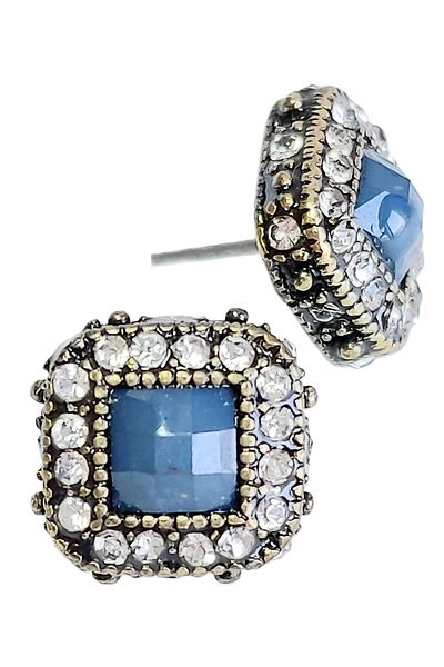 impressive Zircon Stone Framed Blue Crystal Stone Square Design Modern Simple Elegant Evening Dress Earrings (Ancient Silver)