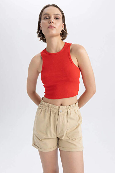 Bled Halter Collar Ribbed Crop Tank Top - Bustier Red