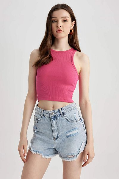 Bled Halter Collar Corded Crop Tank Top - Bustier Fuchsia
