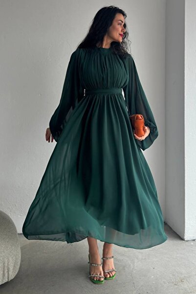 vuvutasarım Flared Cut Lined Chiffon Fabric Stand Collar Long Sleeve Midi Length Emerald Green Chiffon Dress 078