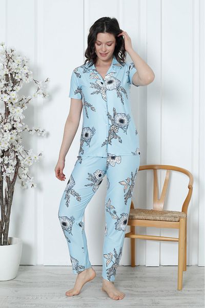Wordex Set de pijamale pentru femei Mr 2058, cu mânecă scurtă, cu nasturi, cu flori