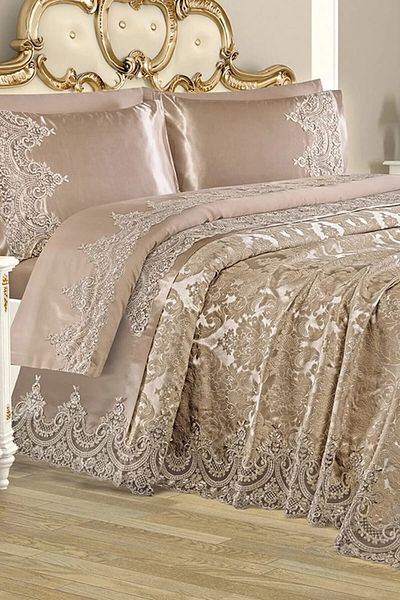 bursa çeyiz SULTAN S CHANNEL FRENCH LACE BRIDAL SET 7 PIECES - CAPPUCHINO
