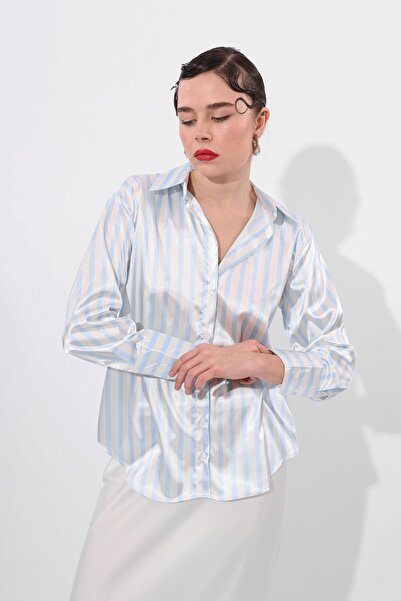 Nita Giyim Kadın Beyaz Bebe Mavi Çizgili Uzun Kollu Oversize Dokuma Saten Gömlek