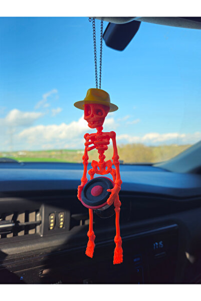 Rex Aksesuar Fötr Şapkalı Bass Tutan Iskelet Ayna Süsü (Turuncu-Kırmızı) Arab...