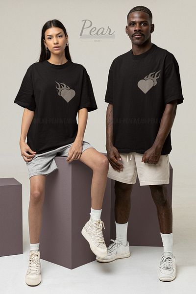 Pear Wear Αγαπητό Unisex Fire Heart Printed Couple Oversize T-Shirt Set