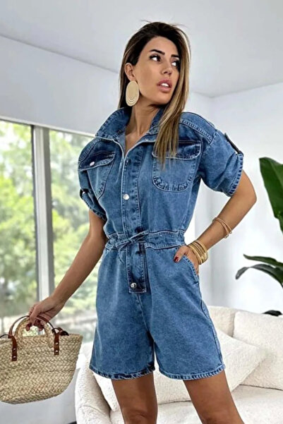 fehika Kadın Mavi Kısa Kol Cepli Kuşaklı Gömlek Yaka Kısa Kot Şort Tulum Salopet Jile Elbise