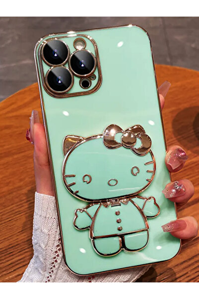Molly iPhone 15 PRO MAX İçin Su Yeşili Hello Kitty Standlı Kenarları Gold Det...