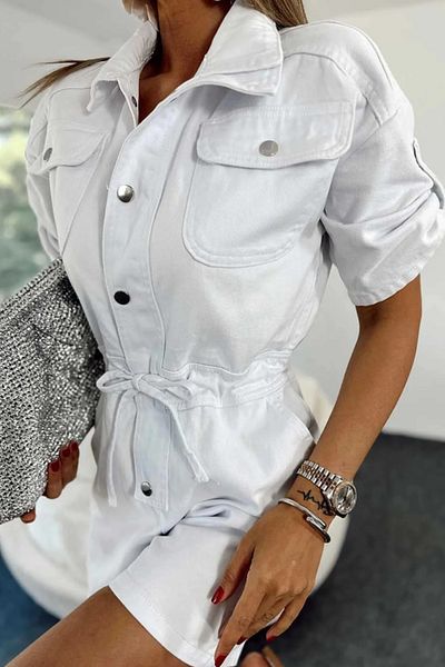 fehika Women's White Short Sleeve Pocket Belted Shirt Collar Short Denim Shorts Jumpsuit