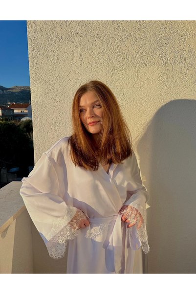 lousa Silky Satin Long Bridal Robe with Lace Sleeves
