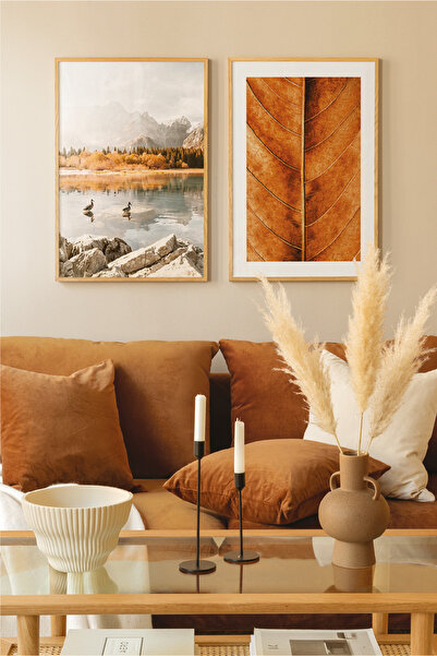 no77decor 2 Parça Göl Ve Yaprak Manzaralı Ahşap Çerçeve Görünümlü Tablo Seti