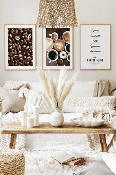 no77decor 3 Parça Coffee Temalı Ahşap Çerçeve Görünümlü Tablo Seti