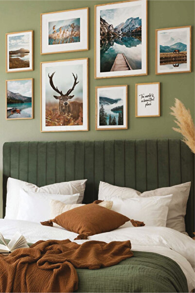 no77decor 8 Parça İsveç Ve Geyik Temalı Ahşap Çerçeve Görünümlü Tablo Seti