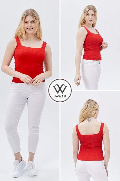 JAWEN Women's New Season Full Flexible Comfort Model Square Collar Knitted Knitwear Ribbed Look Thick Strap Tank Top