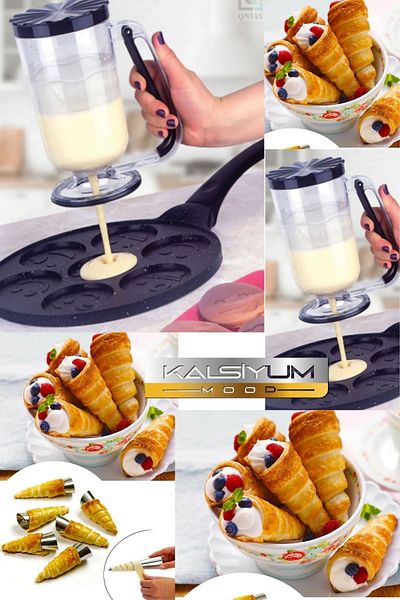 Kalsiyum Mood Dough Portioner 1 Lt Pancake Dough Pudding Dispenser + 6-Piece Lux Steel Corneo Mold Milföy Mold