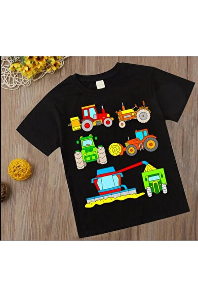 MAGORS Черна детска тениска с щампа с кръгло деколте и камиони, автобуси и ав...