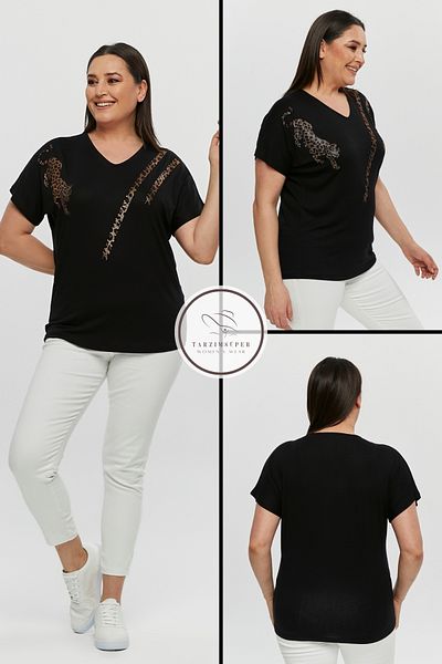 tarzımsüper Plus Size New Season Comfortable Comfort Model Stripe Sequin Pattern Short Sleeve V-Neck Combed Cotton Tunic T-Shirt
