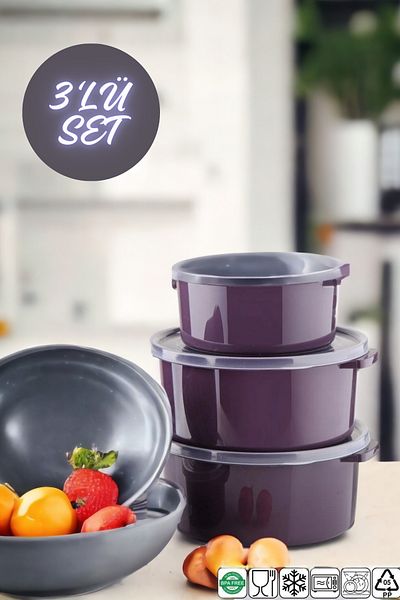 NY HOME Round 3-Piece Plum Storage Container Set That Can Be Used in Microwave and Freezer
