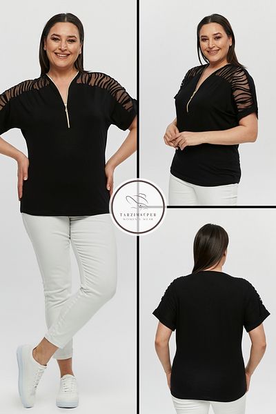 tarzımsüper Plus Size New Season Sleeve Transparent Zip Comfort Model Short Sleeve Combed Cotton Tunic T-Shirt