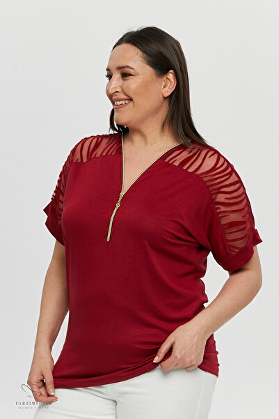 tarzımsüper Plus Size New Season Sleeve Transparent Zip Comfort Model Short Sleeve Combed Cotton Tunic T-Shirt