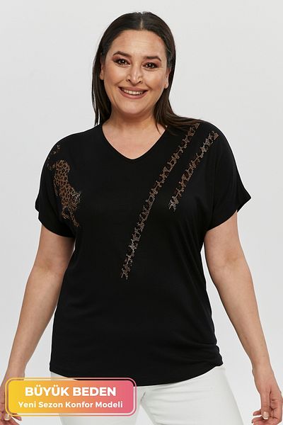 tarzımsüper Plus Size New Season Comfortable Comfort Model Stripe Sequin Pattern Short Sleeve V-Neck Combed Cotton Tunic T-Shirt